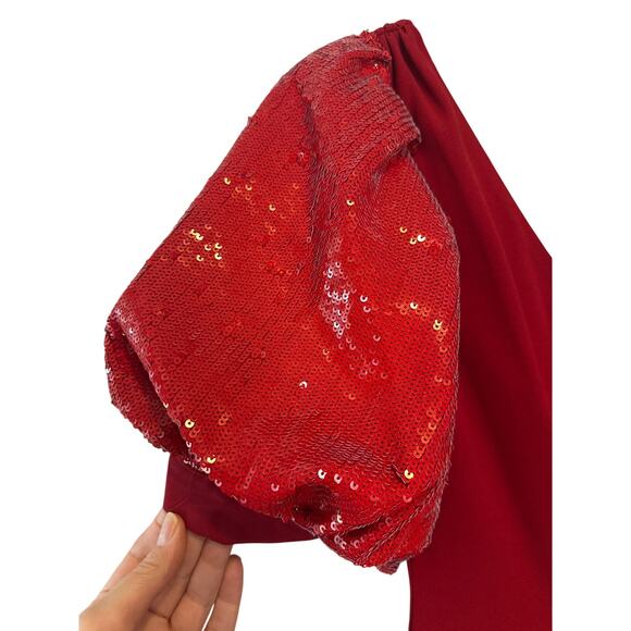 Self-Portrait Red Sequin Puff Sleeve Midi Dress Size 2 NWT - Picture 8 of 11